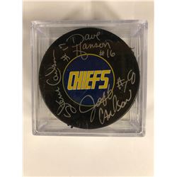 THE HANSON BROTHERS SIGNED CHIEFS HOCKEY PUCK (DAVE/ STEVE/ JEFF CARLSON)