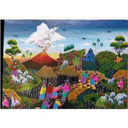 13 3/4" X 9 3/4" Unframed Painting On Animal Skin-cayo-haitian? Village Scene