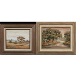 Late 20thc, William Stracener, Oak Tress & Marsh Lanscape Oil Paintings