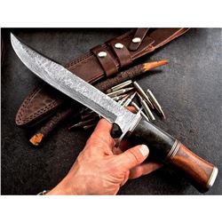 FK USA Custom Handmade Damascus Walnut Wood & Dyed Bone Hunting Bowie Knife