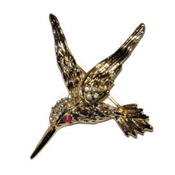 Hummingbird Bird Signed Pin Brooch Rhinestone 14k Gold Plated D M Lind