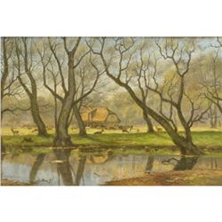 Large Signed Painting, Deer Herd Feeding