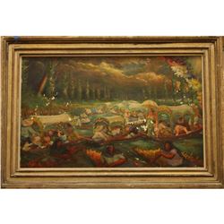 Signed Oil on Tin Painting, Bank Holiday