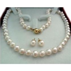 8-9mm White Akoya Pearl 14kt Gold Necklace & Earrings Set