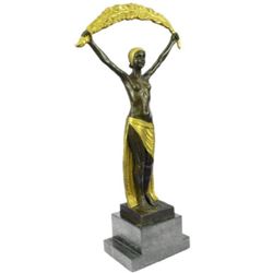 Signed~Chiparus~ Gold Patina Gilt Shawl Dancer Bronze Sculpture Marble