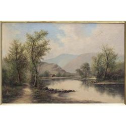 Framed Oil On Canvas Painting Landscape With Cabin