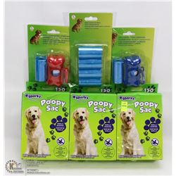 LOT OF POOPY BAGS AND DOG CLEAN-UP BAG DISPENSERS