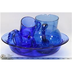 BLUE GLASS SERVING BOWL, PITCHER, 2 COFFEE CUPS &