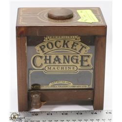 VINTAGE WOOD POCKET CHANGE MACHINE BANK-7"H.