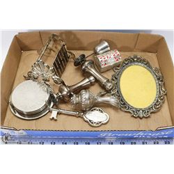 BOX OF MISC METAL PIECES.