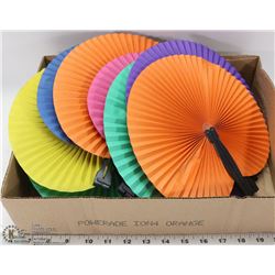 BOX OF HAND FANS IN VARIOUS COLORS