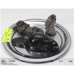 3 SOAPSTONE FIGURES INCL OTTER, EAGLE AND BEAVER