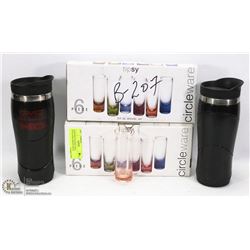 NEW SHOT GLASSES AND 2 INSULATED TRAVEL MUGS