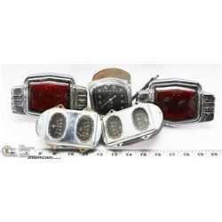 LOT OF VINTAGE CAR GAUGES AND TAIL LIGHTS