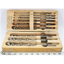 BOX OF VINTAGE SWEDISH C.I. FALL WOOD DRILL BITS.