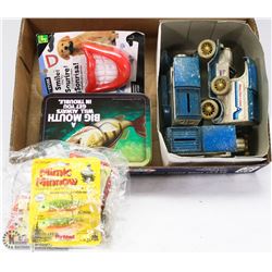 FISHING HOOKS TIN & 3 ATLAS VAN PIGGY BANKS.