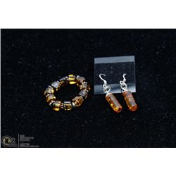 STERLING SILVER & AMBER EARRINGS & RING.