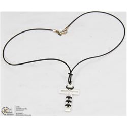 STERLING SILVER CROSS ON BLACK CORD NECKLACE.