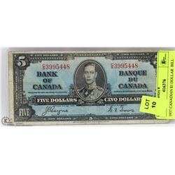 1937 CANADIAN $5 DOLLAR  BILL