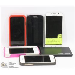 LOT OF ASSORTED PHONES AND POCKET JUICE.