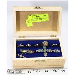 CARVED WOODEN BOX CONTAINING CROSS PENDANTS RINGS