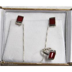 STAMPED 925 RED STONE RING, EARRINGS AND NECKLACE