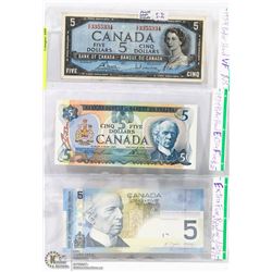 SET OF 3 CANADIAN $5.00 BILLS INCL YEARS 1954,