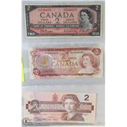 SET OF 3 CANADIAN $2.00 BILLS INCL YEARS 1954,1974