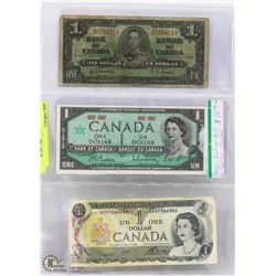 SET OF 3 CANADIAN $1.00 BILLS INCL YEARS 1937,1967