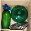 Image 1 : LOT OF COLORED GLASS VASES AND BLUE LIDDED DISH