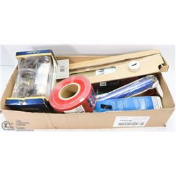 BOX OF ASSORTED GARAGE ITEMS INCL WEISER DOOR