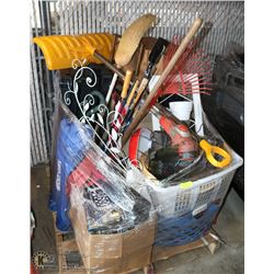 PALLET OF GARDEN TOOLS, HOUSEHOLD, LAWNCHAIRS,
