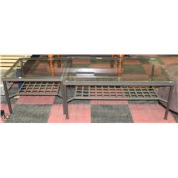 GLASS AND WROUGHT IRON PATIO TABLE AND END TABLE