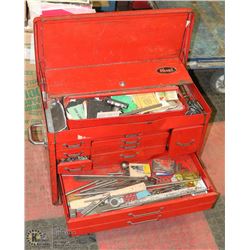 1960'S RED TOOL BOX FULL WITH CONTENTS