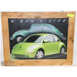 PICTURE OF GREEN VW IN A WOOD FRAME "A BUGS LIFE"