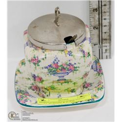 GRIMWADES PETTI-POINT SUGAR BOWL W/ SPOON & PLATE.