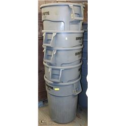 STACK OF 5 LARGE RUBBERMAID GARBAGE CANS WITH