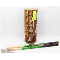 WOOD DRUM WITH PAIR OF PAINTED DRUM STICKS