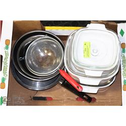 3 CORNINGWARE WITH LIDS , BOWLS AND FRY PAN