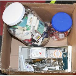 LOT WITH 3 CONTAINERS OF VINTAGE MATCHES, DICE AND
