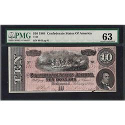 1864 $10 Confederate States of America Note T-68 PMG Choice Uncirculated 63