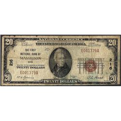 1929 $20 Massillon OH National Currency Note CH# 216