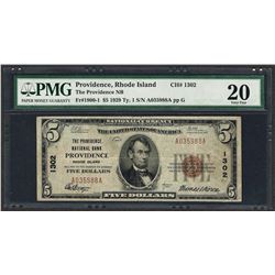 1929 $5 National Currency Note Providence, Rhode Island CH# 1302 PMG Very Fine 2