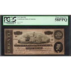 1864 $20 Confederate States of America Note T-67 PCGS Choice About New 58PPQ
