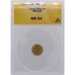 1920MO Mexico 2 Pesos Gold Coin ANACS MS64