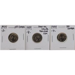 Lot of (3) 1999-P Off-Center & Partial Collar Railroad Rim Roosevelt Dime ERROR