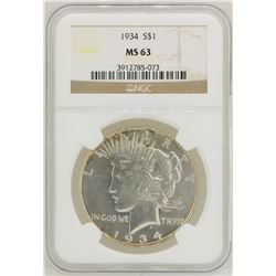1934 $1 Peace Silver Dollar Coin NGC MS63