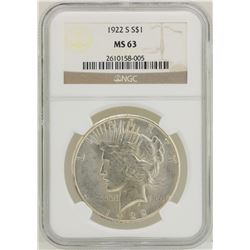 1922-S $1 Peace Silver Dollar Coin NGC MS63