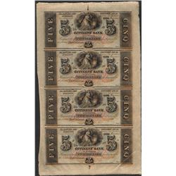Uncut Sheet of 1800's $5 Citizens Bank of Louisiana Obsolete Notes