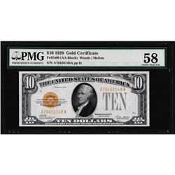 1928 $10 Gold Certificate Note Fr.2400 PMG Choice About Uncirculated 58